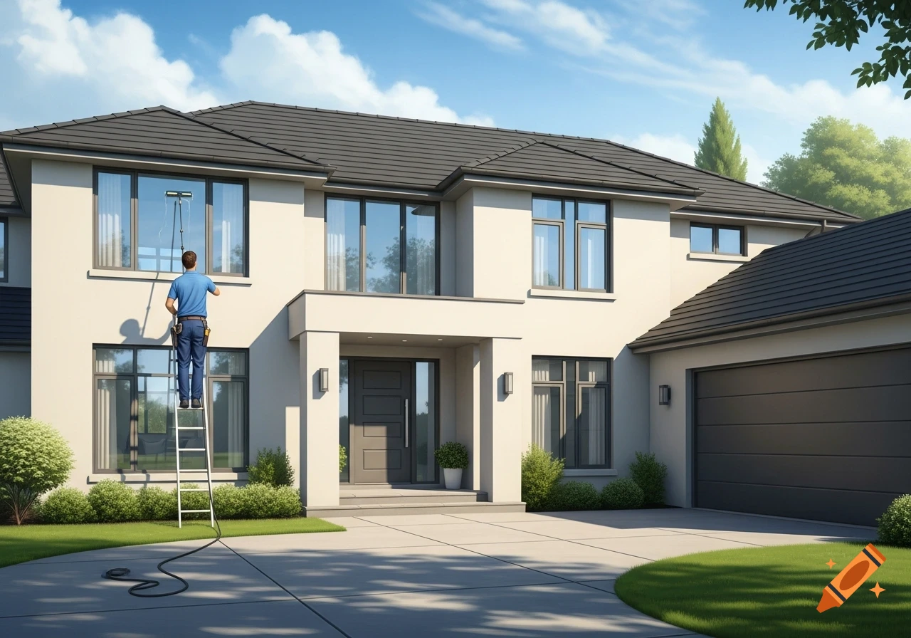 A man on a ladder cleaning windows of a large, modern cream-colored house with a dark roof and garage. The scene is sunny and photorealistic.