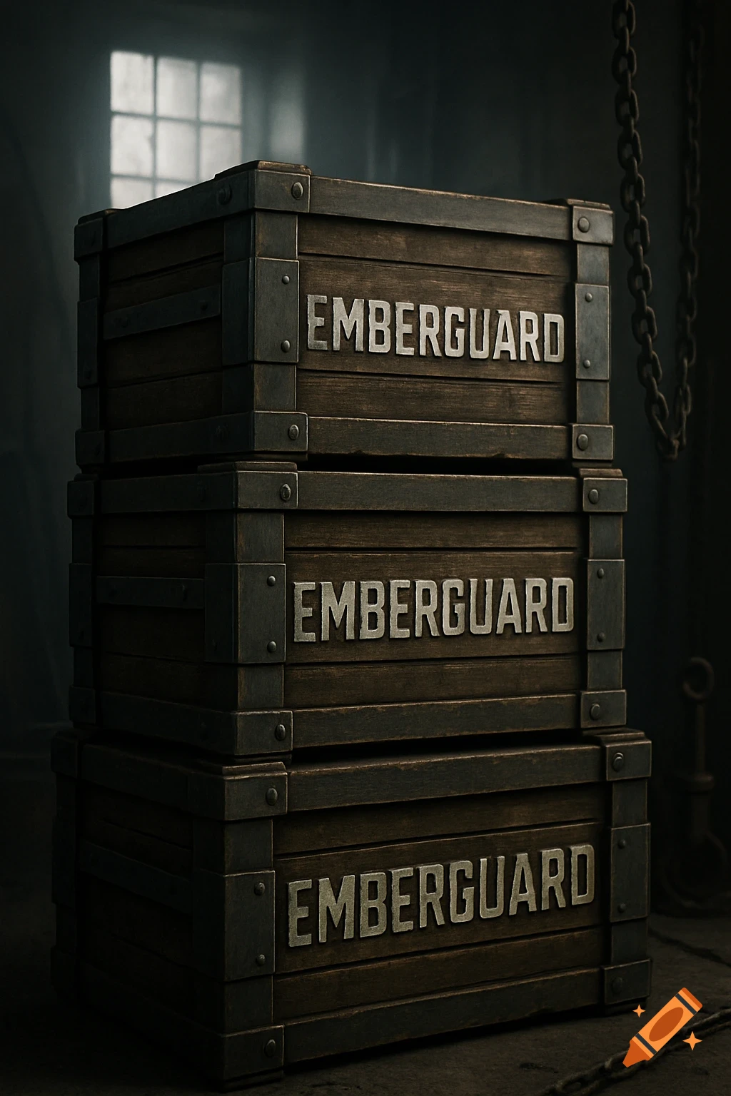 Stack of three dark wooden crates with metal banding, each clearly labeled 'EMBERGUARD', in a dimly lit room.