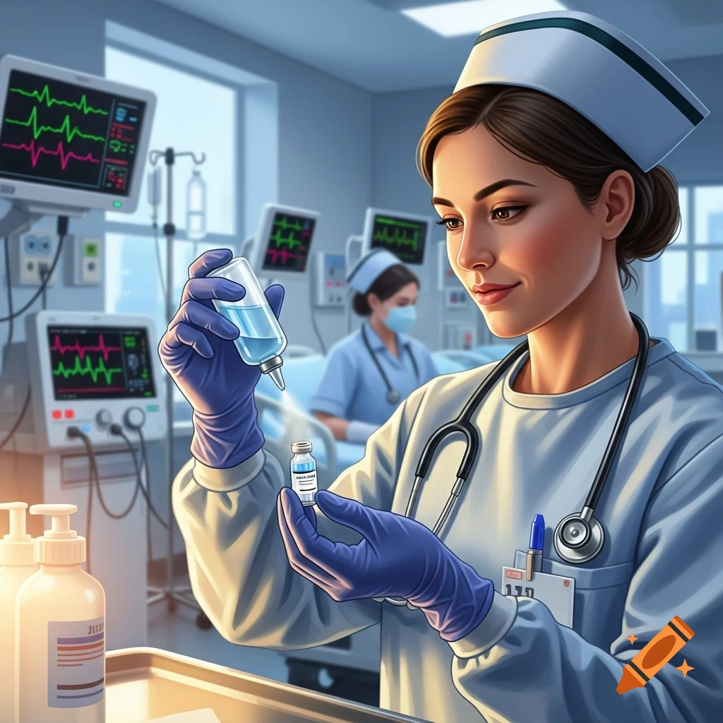 A photorealistic image shows a nurse in a hospital room, wearing blue gloves, holding a dropper bottle and a small vial. Another nurse is in the background.