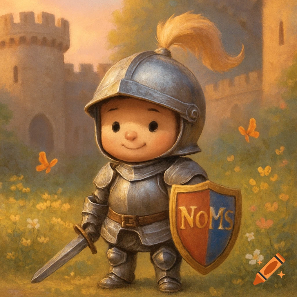 A cute cartoon knight in shining armor holding a sword and a shield with 'NoMs', standing in a flower field with a castle.