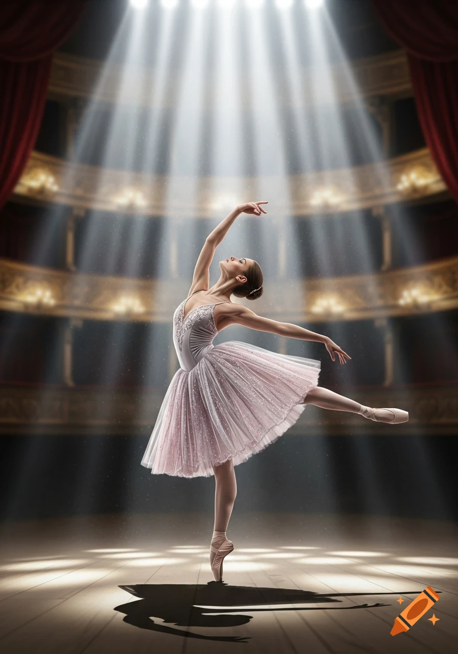 A ballerina in a pink tutu gracefully dances on a spotlighted stage in a grand theater.