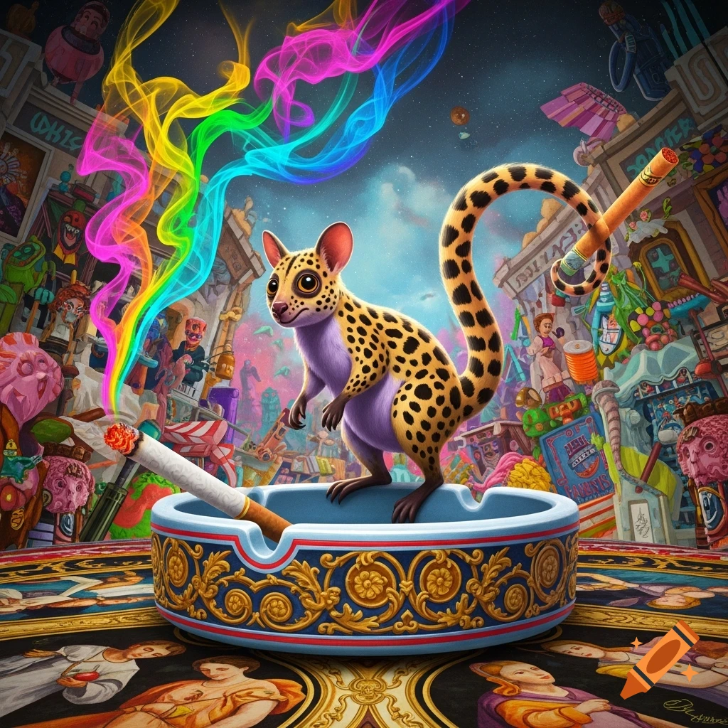 A stylized marsupial-like creature with a spotted body and purple belly, its long spotted tail curling into a lit cigarette, stands in a blue and gold ashtray amidst a vibrant, chaotic, brainrot-style background with rainbow smoke.