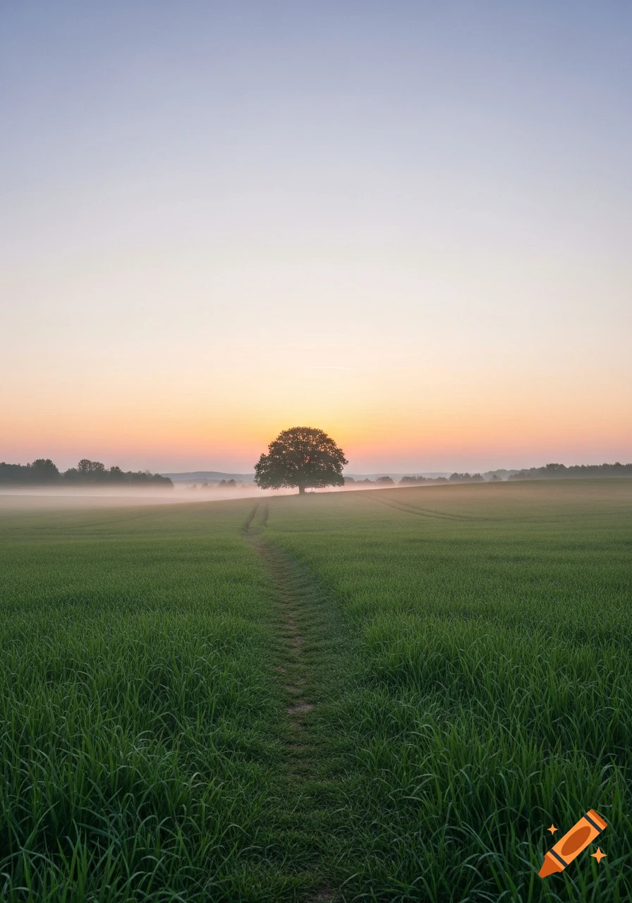 A lone tree stands in a misty green field with a winding path leading towards it, under a pastel orange and blue sunrise sky.
