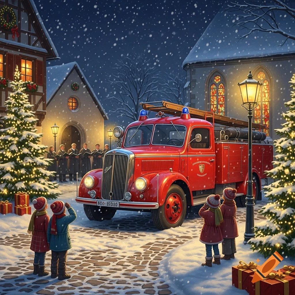 A festive illustration of an old red fire truck parked in a snowy village square with Christmas trees, carolers, and children watching, under a night sky with falling snow.