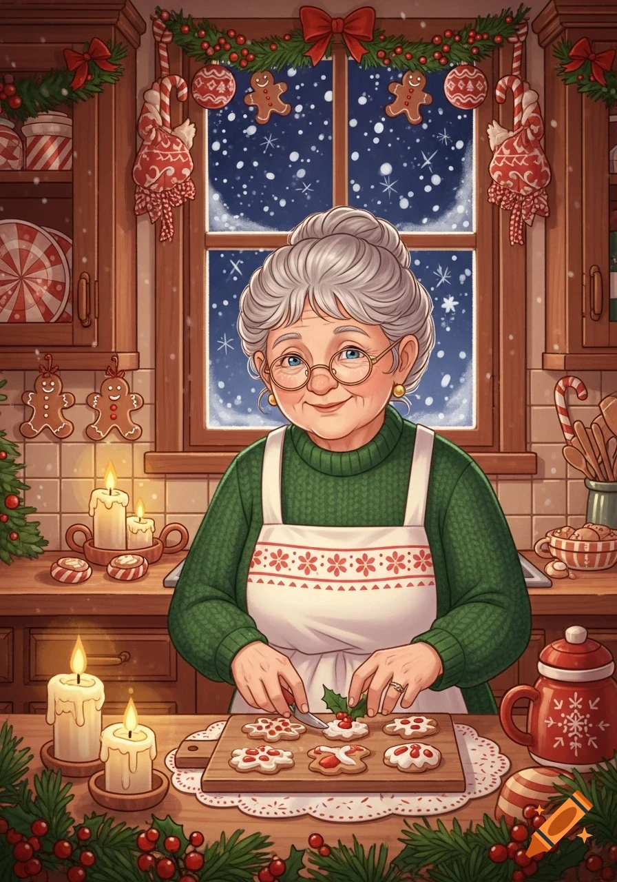 Cartoon Mrs. Claus in a festive kitchen, decorating Christmas cookies as snow falls outside.