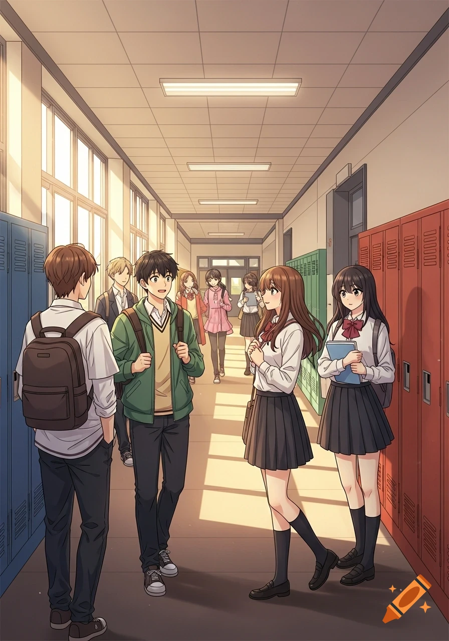 Anime students walk in a brightly lit school hallway with blue and red lockers.