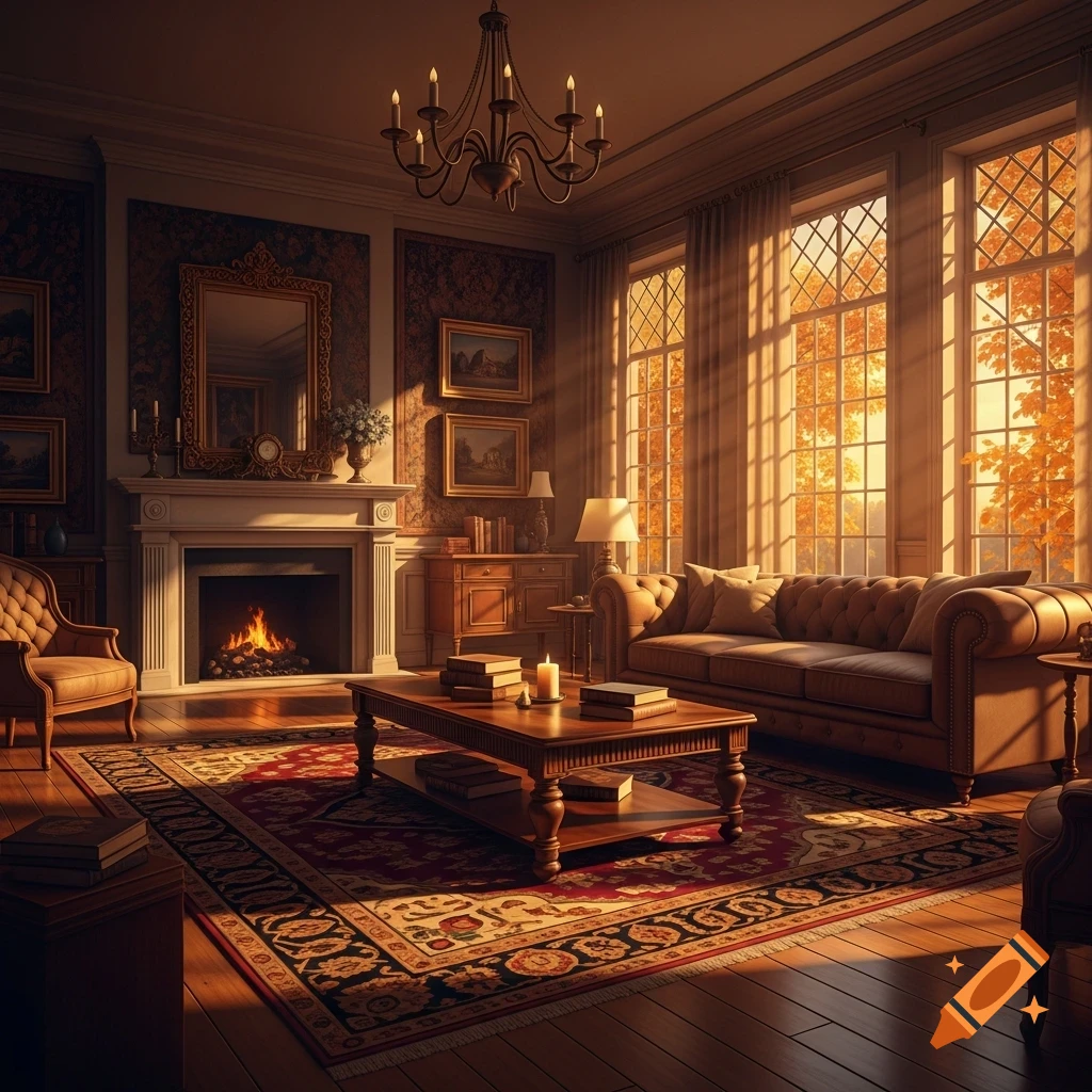 An elegant, sunlit living room with a lit fireplace, tufted leather couch, ornate rug, and large windows revealing autumn trees.