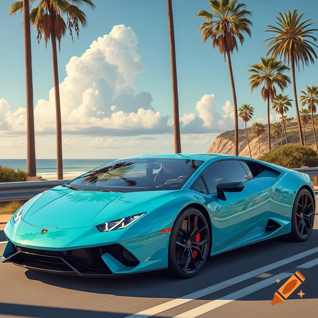 A turquoise Lamborghini sports car drives along a coastal road lined with palm trees, with the ocean and clouds in the background.