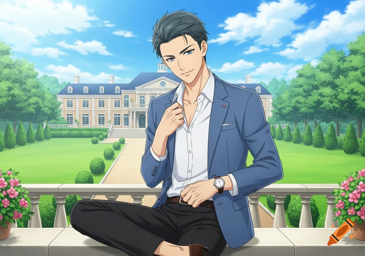 Anime-style young man in blue blazer, white shirt, and black pants, sitting on a balcony with a large mansion behind him.