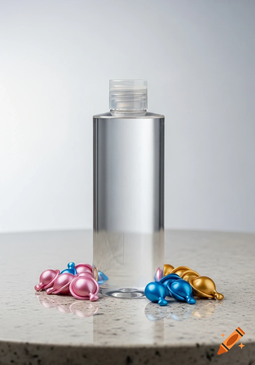 A clear transparent shampoo bottle stands on a table with scattered pink, blue, and gold hair capsules under soft studio lighting.