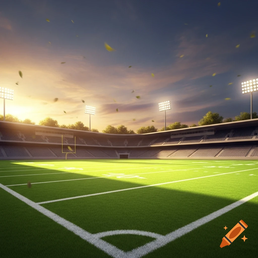 An empty football stadium at sunset with bright floodlights illuminating the green field and scattered leaves falling.
