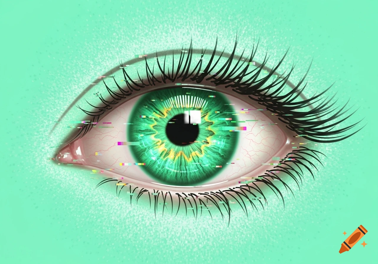 A stylized light green eye with colorful glitch effects across the iris and sclera, set against a mint green background.