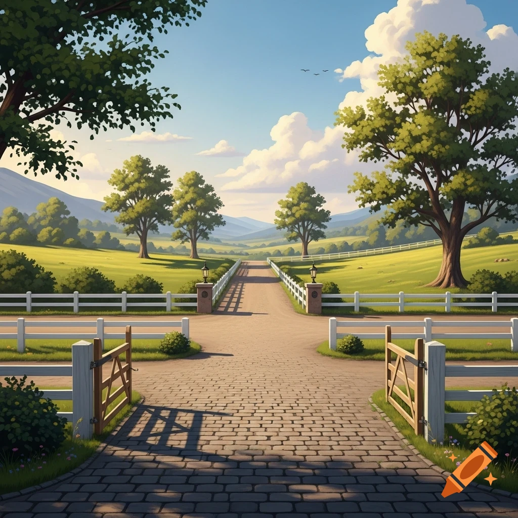 A long, paved driveway through a green countryside with white fences, trees, and hills under a blue sky, digital painting.