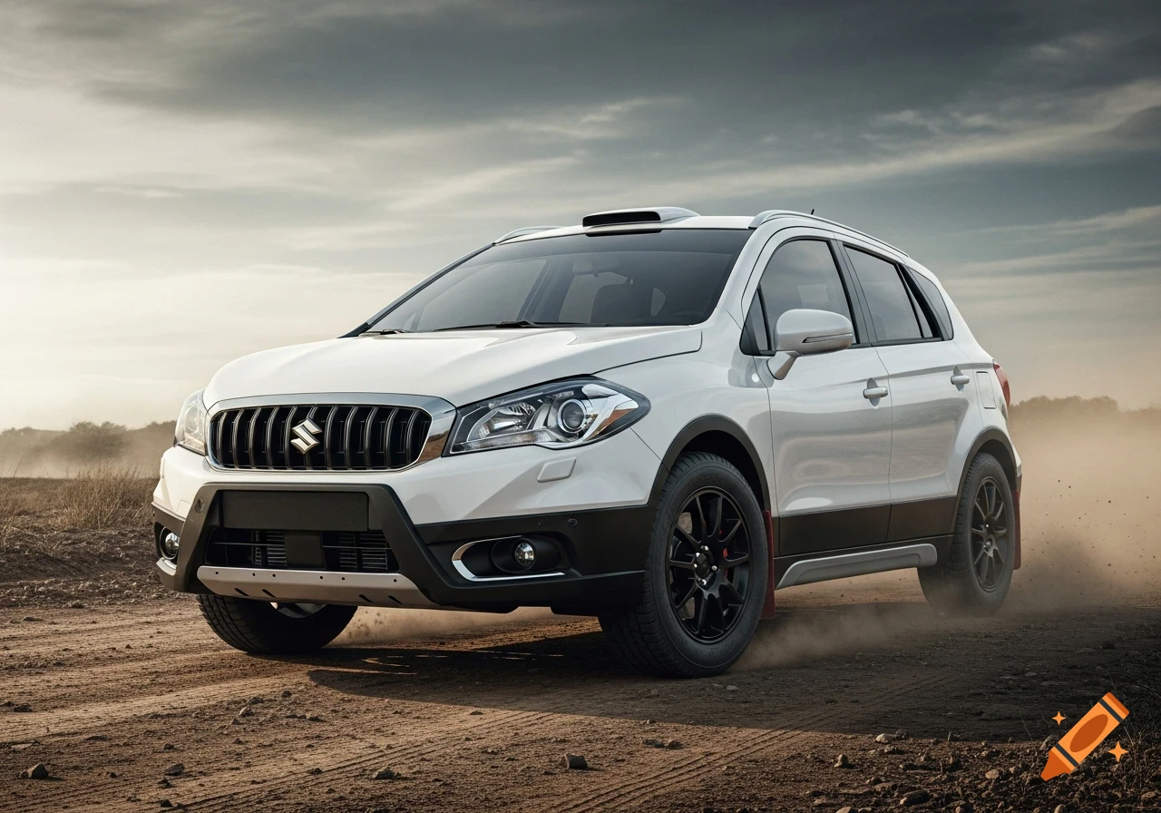 A white Suzuki SX4 S-Cross with black rally rims kicks up dust on a dirt road, viewed from the front.