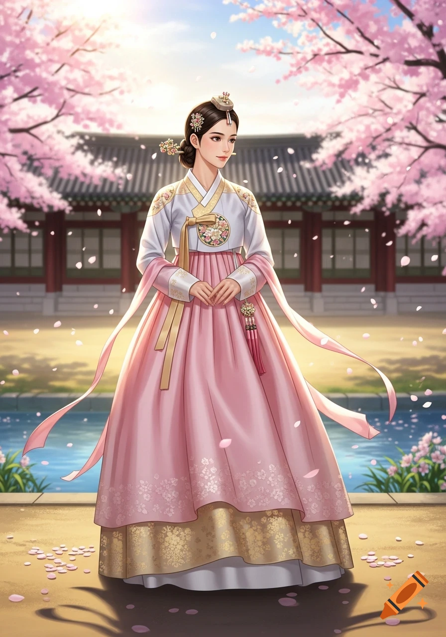 An anime-style illustration of a woman in a pink and white hanbok, standing under cherry blossoms in front of a traditional Korean palace.