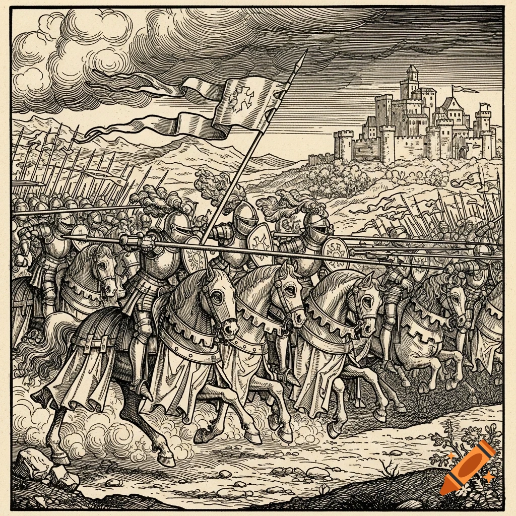 A medieval woodcut depicts knights in armor on charging horses, with a castle in the background.