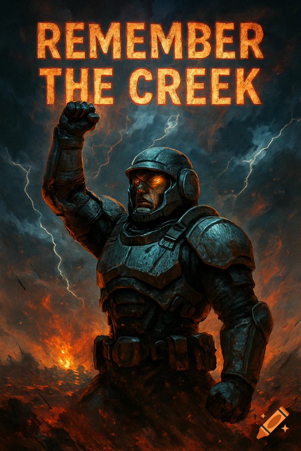 An armored soldier with glowing eyes raises a fist under text "REMEMBER THE CREEK" against a fiery, stormy sky.