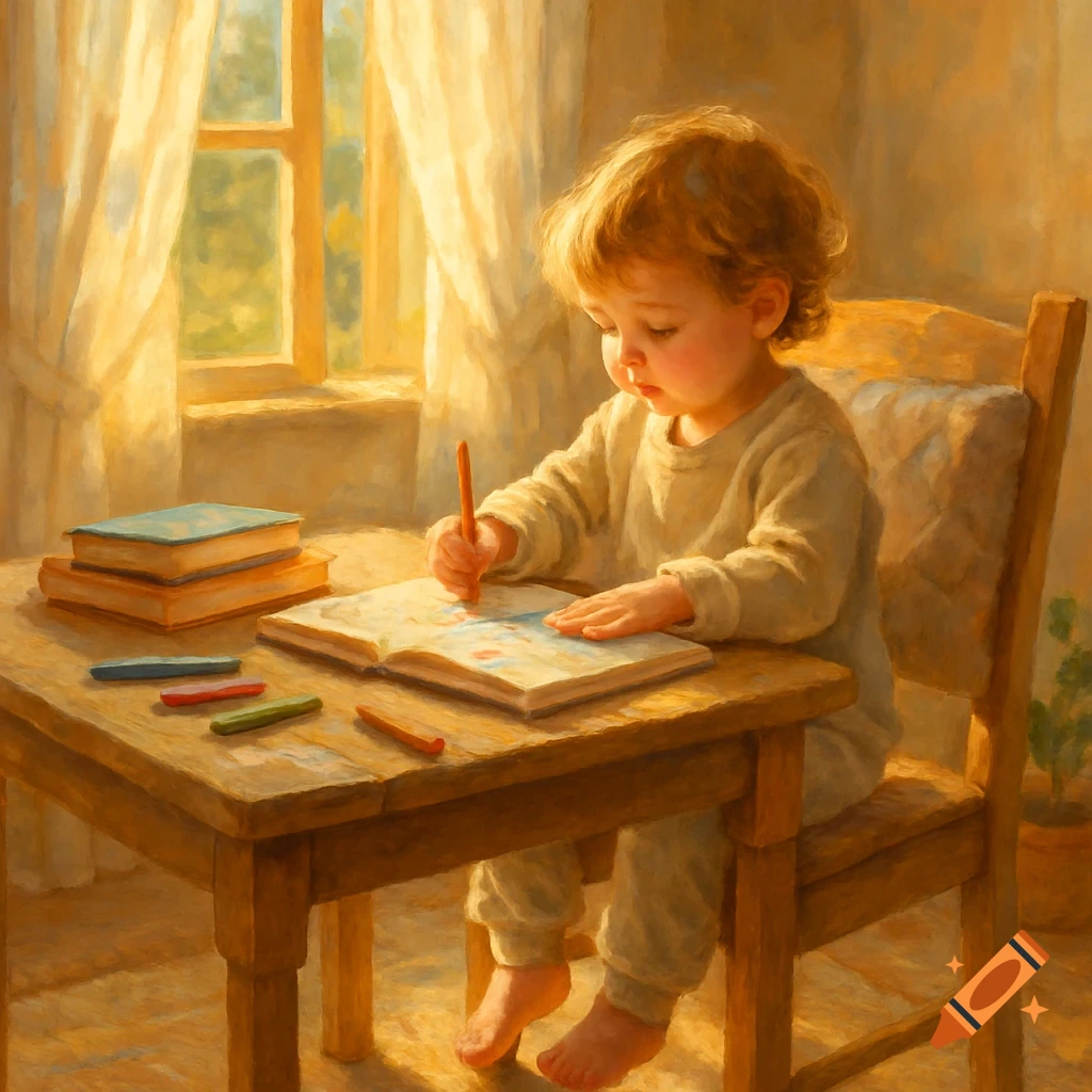 A young child with curly hair focused on drawing in a notebook at a sunlit wooden table, depicted in a warm, painterly style.