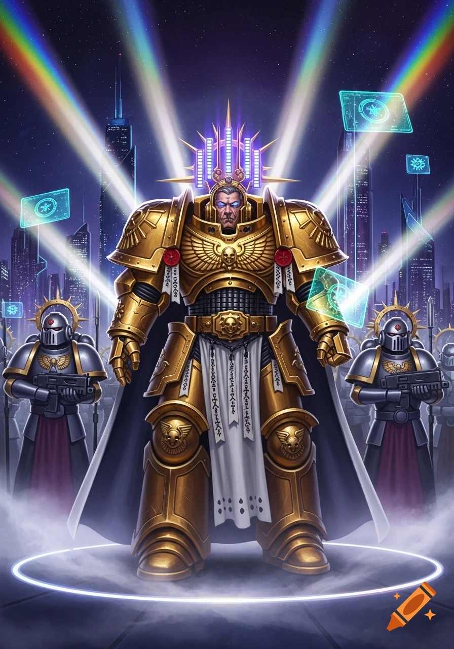 The God Emperor of Mankind in ornate golden power armor with a glowing halo, flanked by two armored guards, in a futuristic city scene with rainbow light beams.
