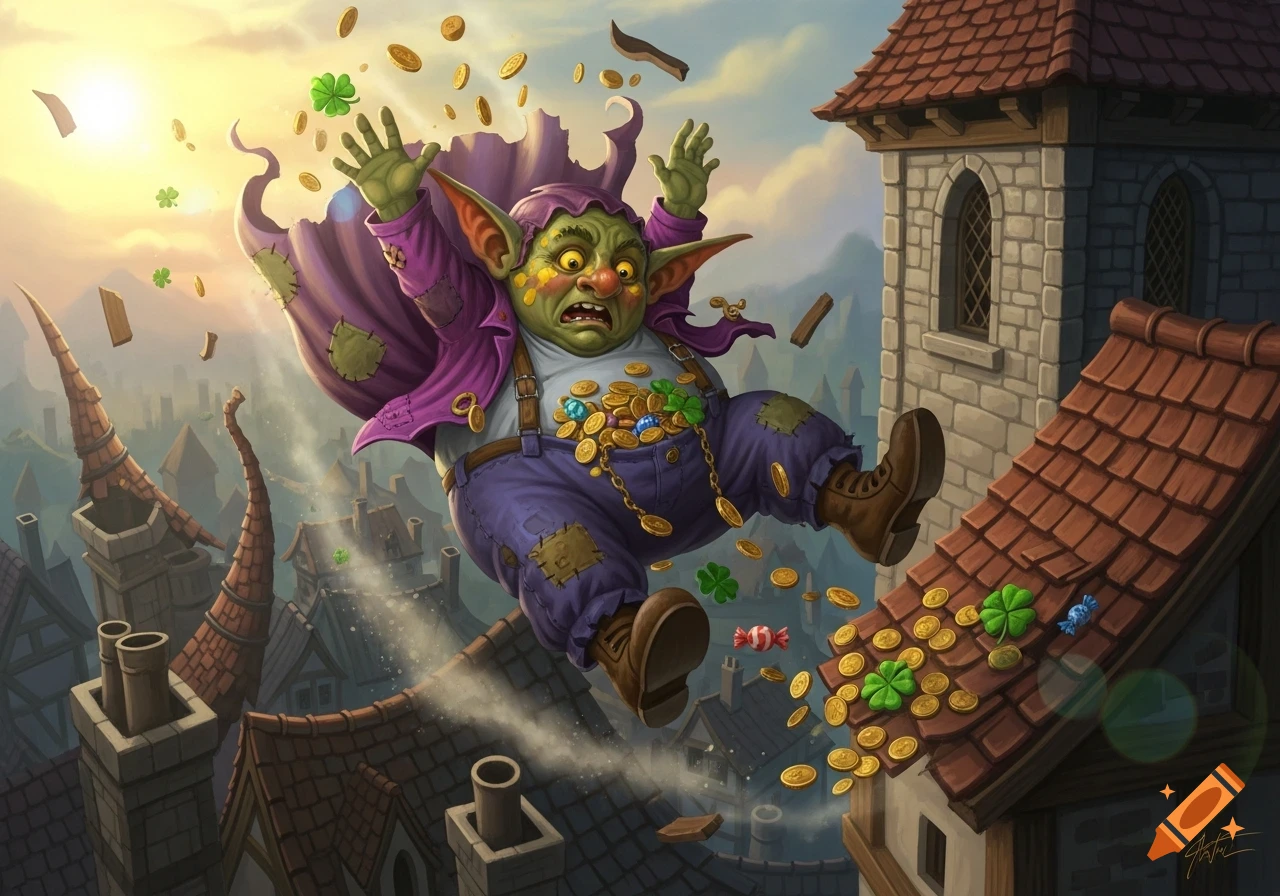 A cartoonish green goblin wearing patched clothes and a purple cloak falls through the air, scattering gold coins and clovers over a city's rooftops.