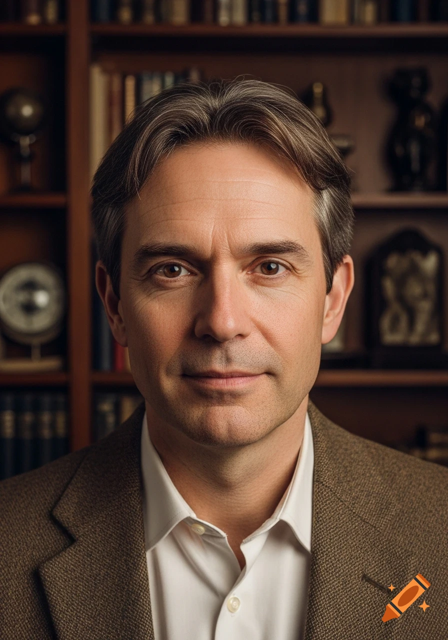Photorealistic portrait of a middle-aged man with brown hair and brown eyes, against a blurred bookshelf background.