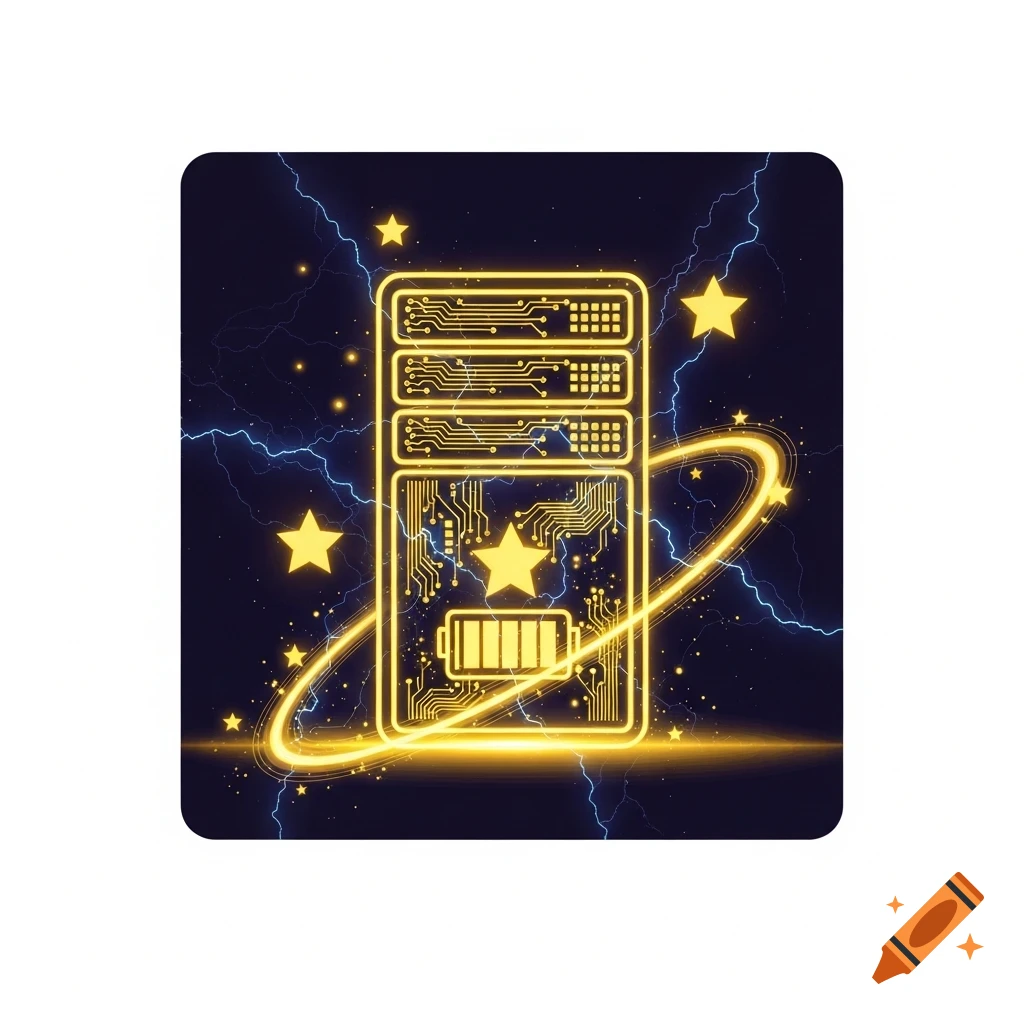 A stylized yellow server icon with circuit patterns, a battery symbol, stars, and a glowing ring, against a dark background with blue lightning.