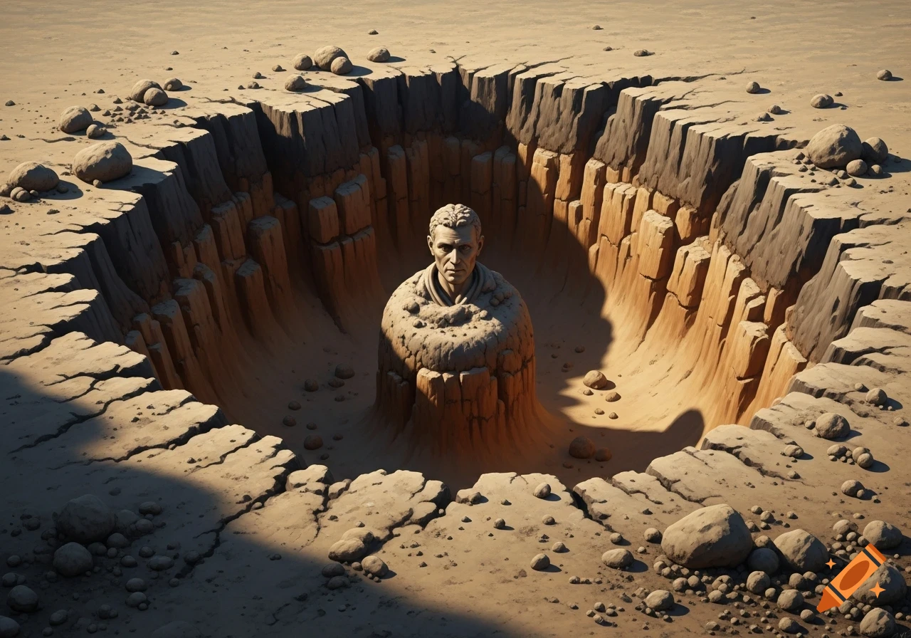 A desert landscape with a deep, circular hole in the ground, from which a stone bust of a man emerges, casting long shadows.