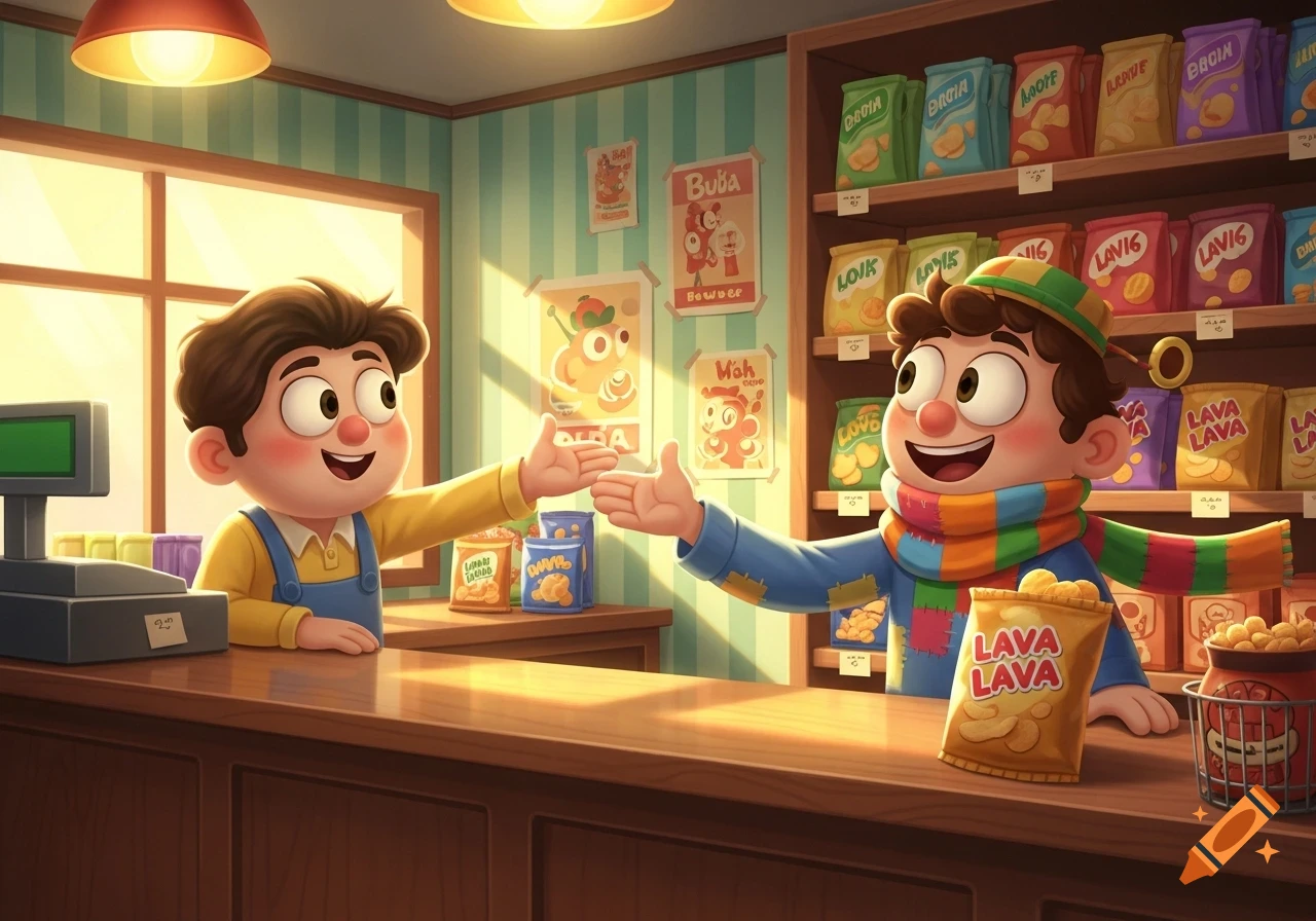 Two smiling cartoon characters reaching out to each other across a wooden counter in a brightly lit cartoon shop filled with chip bags and posters. One character wears a scarf and hat, the other wears overalls.