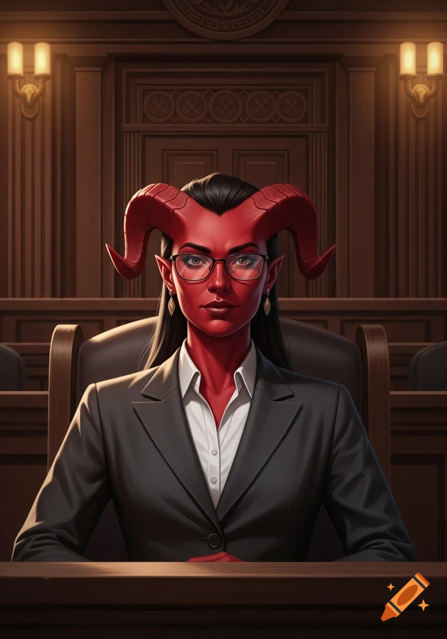 A red-skinned female tiefling lawyer in glasses and a suit sits at a desk in a courtroom.