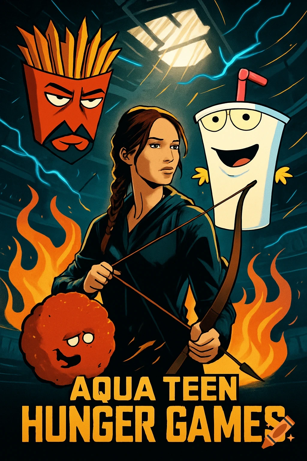 Stylized poster parody: Katniss Everdeen with bow, Frylock, Master Shake, and Meatwad, 'AQUA TEEN HUNGER GAMES' title.