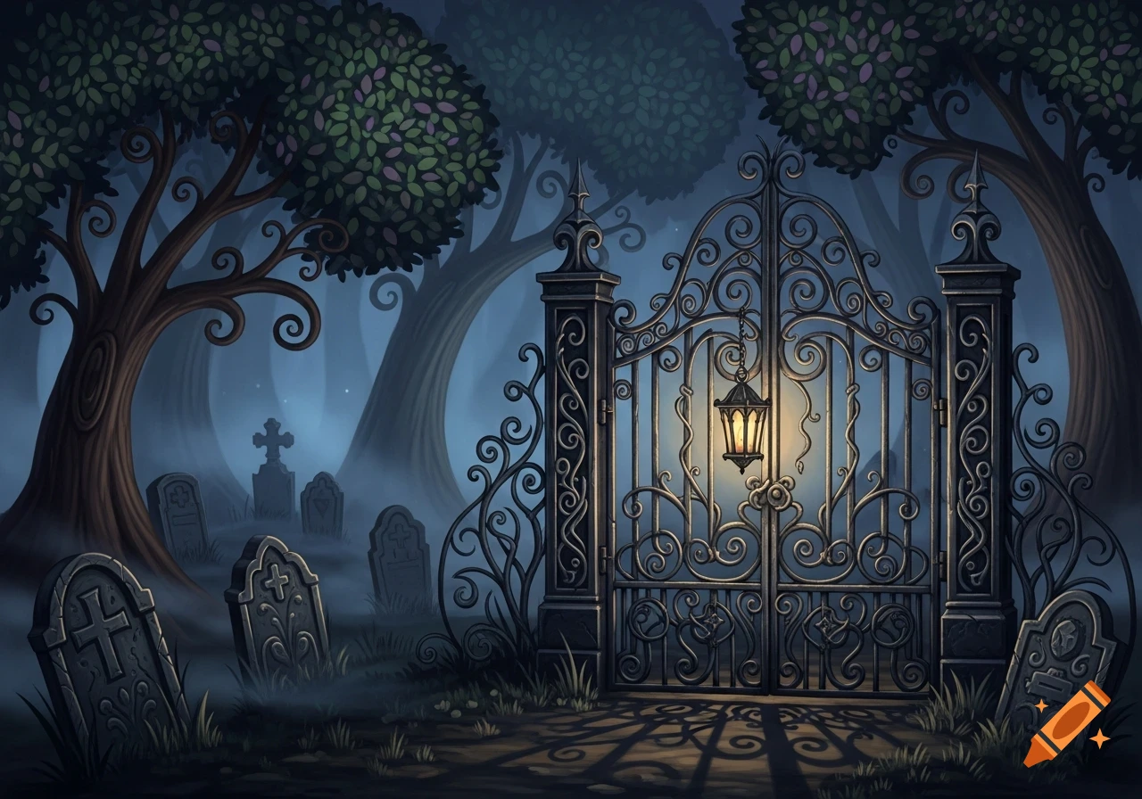 Dark whimsical gothic folk art of an ornate gate with a glowing lantern in a misty cemetery with stylized trees and gravestones.