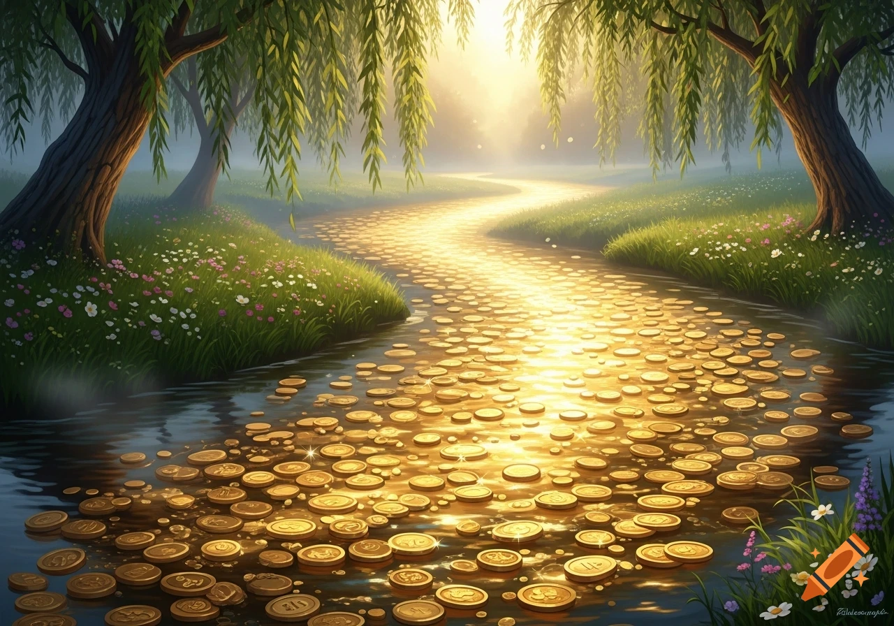 A winding river of sparkling gold coins flows through a misty, sunlit fantasy forest with willow trees and wildflowers.