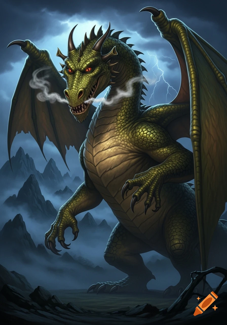 A monstrous, scaly green dragon with glowing red eyes breathes smoke, standing defiantly amidst a stormy, lightning-lit mountain landscape.