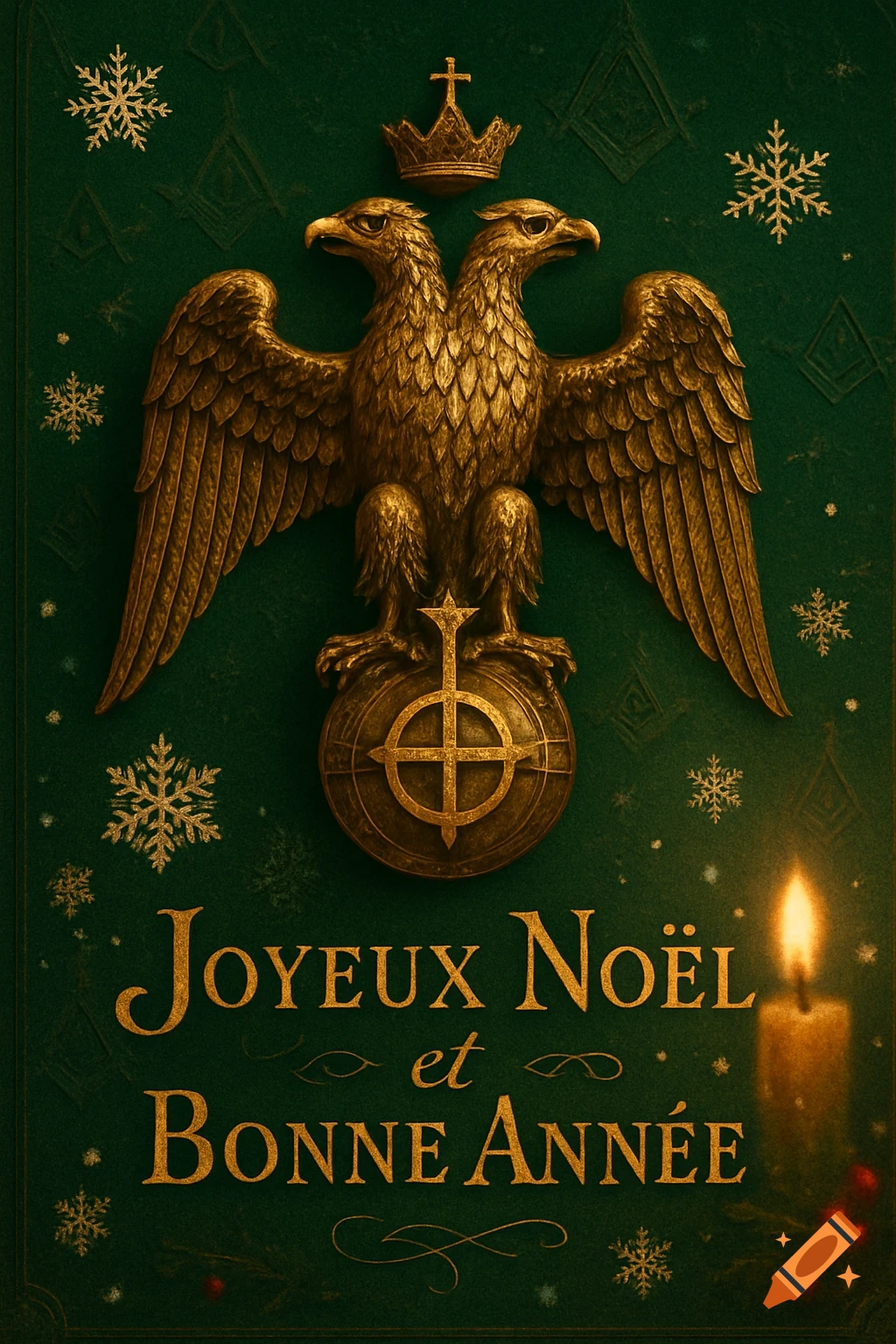 An ornate dark green Christmas card featuring a golden two-headed eagle emblem with a crown and a cross symbol, surrounded by snowflakes and a lit candle, with the text "Joyeux Noël et Bonne Année" in gold.