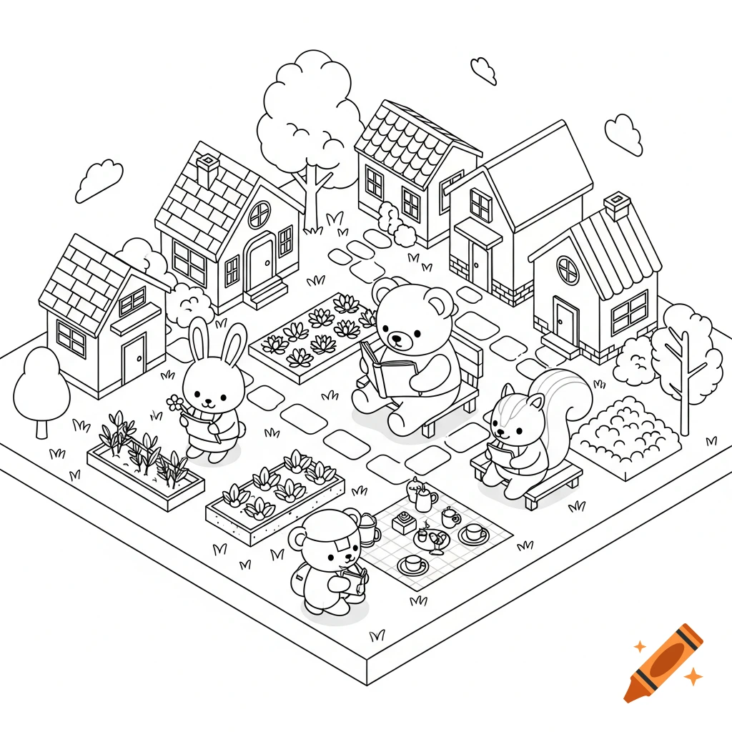 Black and white isometric coloring book scene of kawaii animals in a village: a bear reading, a squirrel reading, a bunny gardening, and another bear having a picnic.
