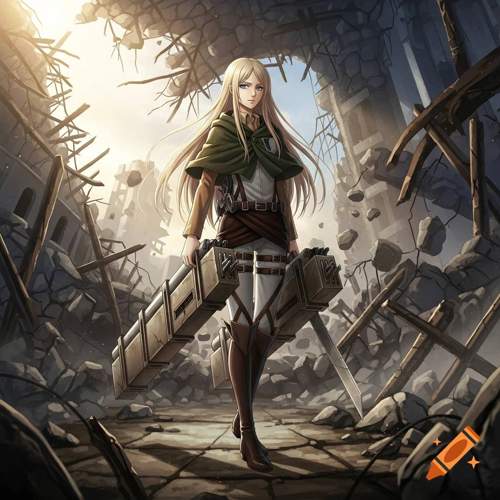 Anime illustration of Historia from Attack on Titan standing in a destroyed city, wearing her uniform and ODM gear.
