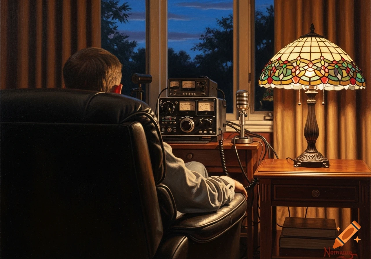 Oil painting of a man from behind, sitting in a leather chair by a window, with a ham radio and a Tiffany lamp.
