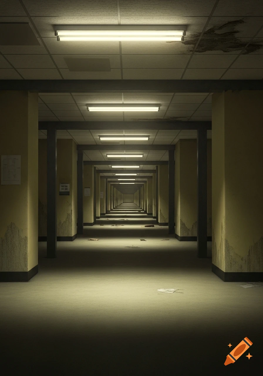 A long, dimly lit, eerie corridor with fluorescent lights, dirty yellow walls, dark pillars, and debris on the floor, stretching into the distance.