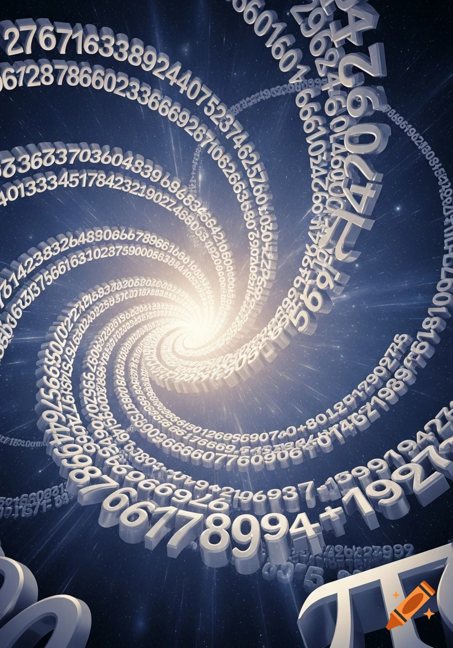 3D white numbers spiral into a bright light against a starry cosmic background, with a Greek Pi symbol in the foreground, abstract style.