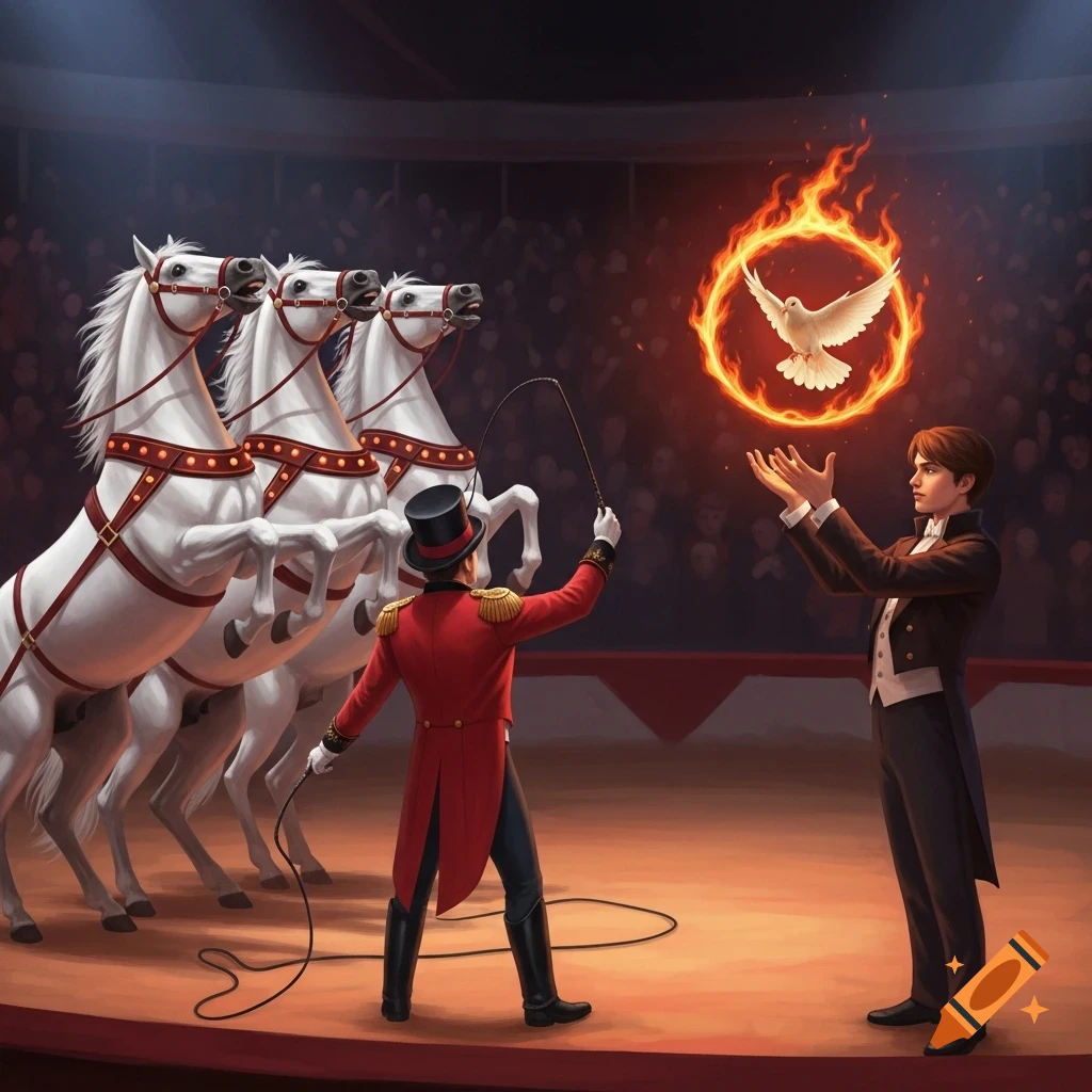 A circus manager with a whip directs three white horses while a magician conjures a white dove within a flaming ring in an arena.