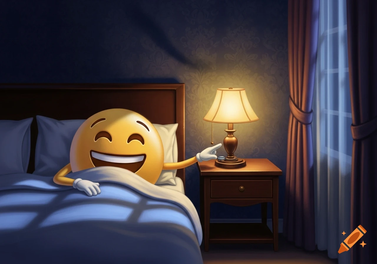 Smiling emoji in bed turning off a bedside lamp in a dark bedroom, in a cartoon illustration style.