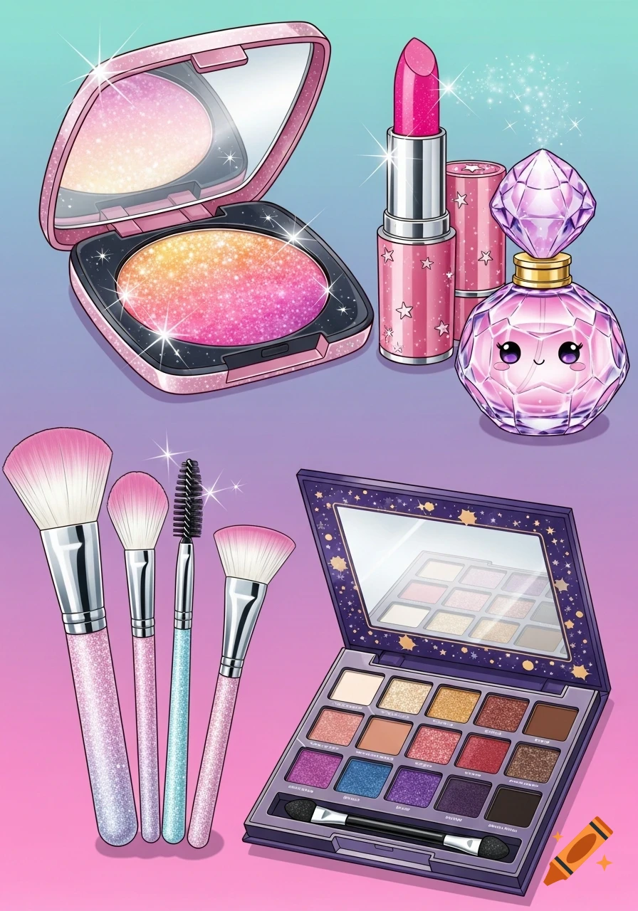 A collection of cute, glittery anime-style cosmetics including blush, lipstick, perfume, makeup brushes, and an eyeshadow palette.