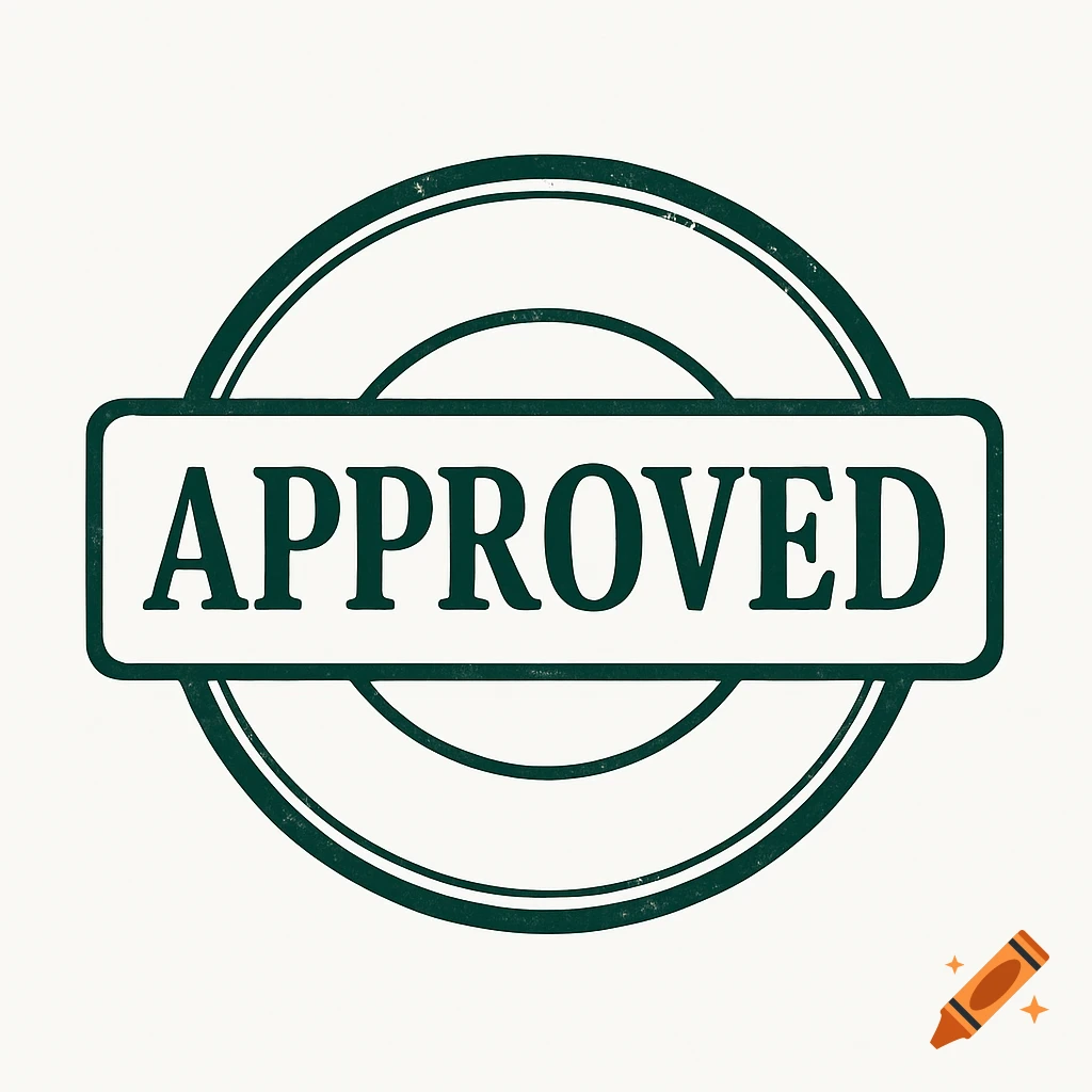 A dark green rubber stamp with 'APPROVED' in the center and a circular border, featuring a distressed texture, on a white background.