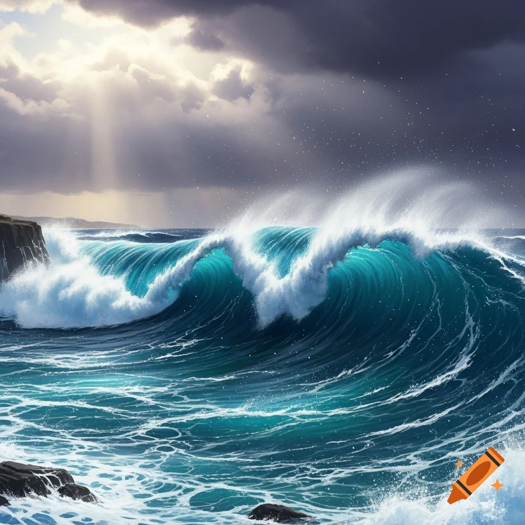 A massive teal ocean wave crashes near a rocky coast under a dramatic, stormy sky with sun rays.