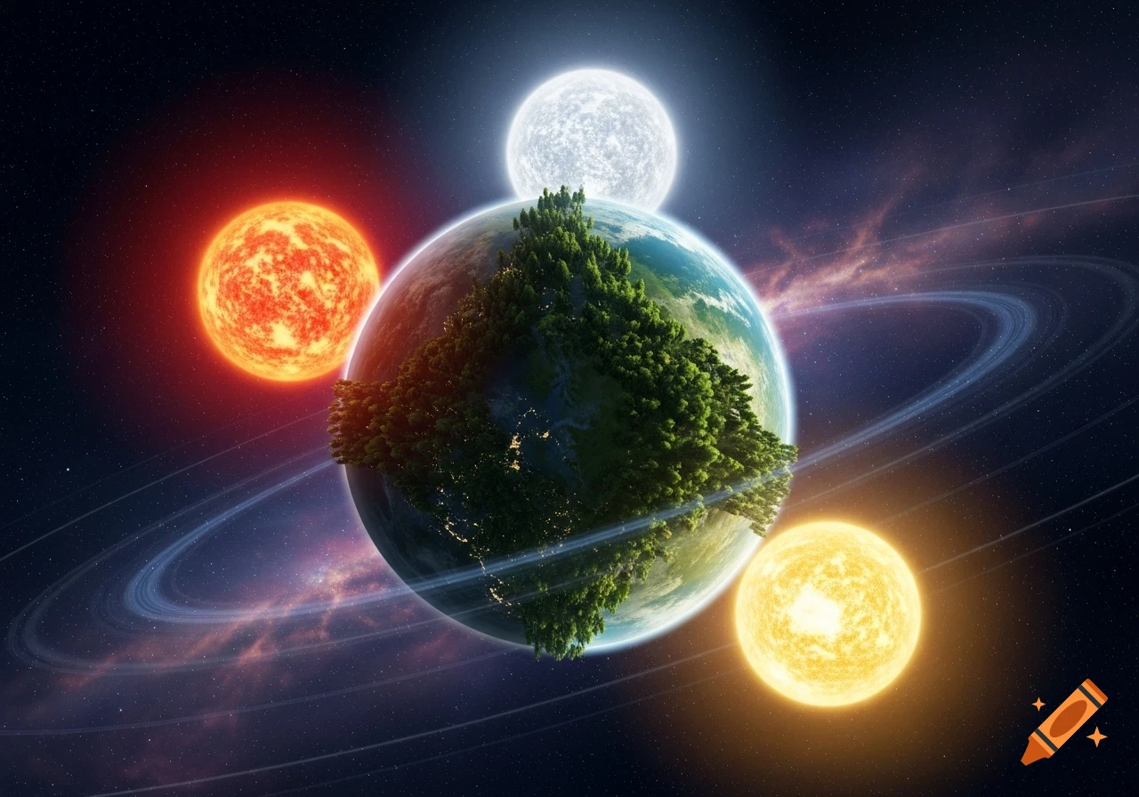 A vibrant green planet covered in forests, orbited by rings, with three distinct suns (red, white, yellow) in a starry space background.