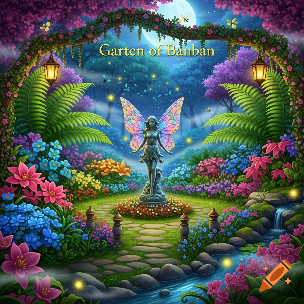 Vibrant fantasy garden at night under a full moon, with a fairy statue, colorful flowers, glowing lanterns, and a stream, displaying 'Garten of Banban'.