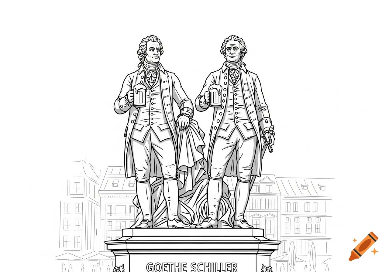 Line art illustration of Goethe and Schiller statues on a pedestal, both holding beer mugs, with a city background.
