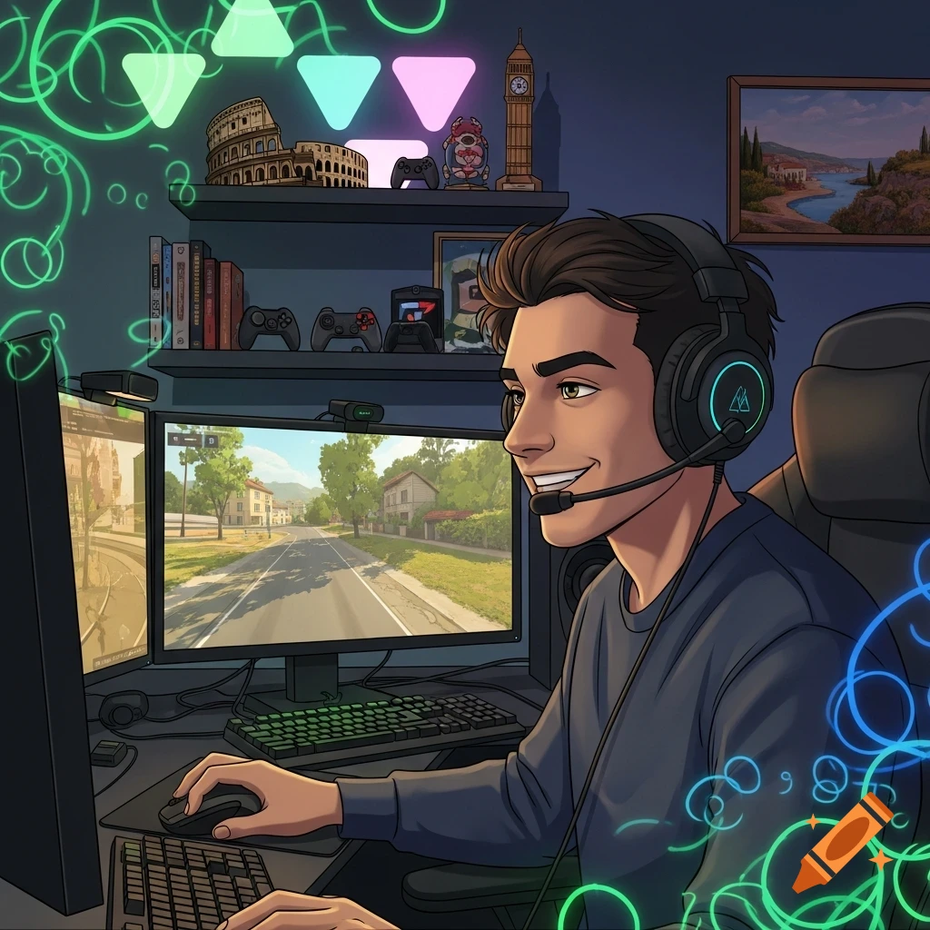 An anime-style male streamer with headphones and a mic, smiling while playing a driving game on multiple monitors in a dark room with glowing lights.