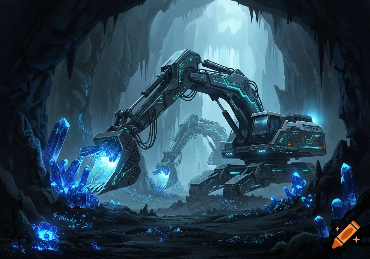 Futuristic excavators with glowing blue accents mine luminous blue crystals in a dark, cavernous underground landscape, digital art.