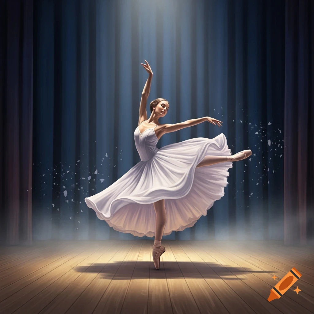 A graceful ballerina in a white dress performs on a spotlighted wooden stage with dark blue curtains.